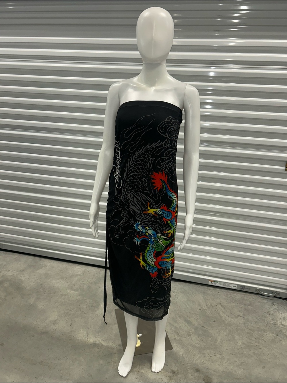 Ed Hardy Black Strapless Midi Dress with Multicolor Dragon Print